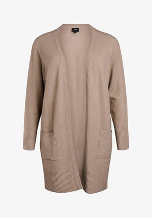 Bees koot, mis on valmistatud pehmest kudumist, pikkade varrukatega, avatud ees osa ja kahe esise poole taskuga, ribadega varrukate otsad.