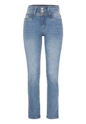 Hellblaue Denim-Jeans mit hoher Taille, zwei vorderen Taschen und drei metallischen Knöpfen am Bund. Schmale, gerade Beinform.