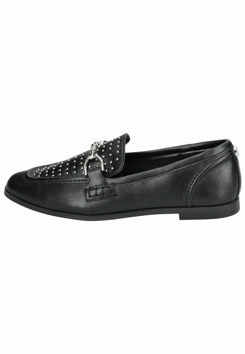 Mocassin en cuir noir avec des clous argentés sur le dessus et un détail mors métallique, talon bas et bout carré arrondi.
