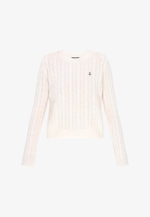 Fehér kötött pulóver hosszú ujjakkal, kerek nyakkivágással és egy kis fekete horgony emblémával a mellrészen. Puha tapintású és bordázott mandzsetták.