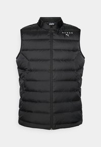 Gilet matelassé noir avec un col montant, design matelassé vertical, fermeture à glissière sur toute la longueur et branding HYROX sur la poitrine. Matériel léger.