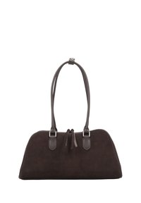 Sac à main en daim marron avec deux longues bandoulières, forme arrondie, détails en cuir et un nœud au centre. Texture lisse et design minimaliste.