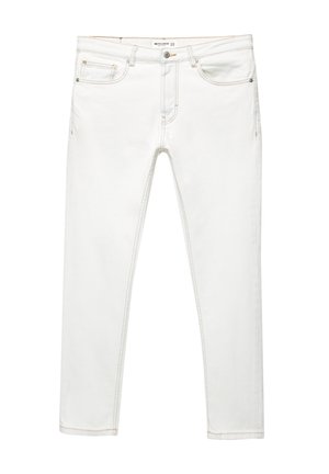 Weiße Jeans aus Denim mit schmaler Passform, fünf Taschen und kontrastierenden Nähten. Verfügt über einen Knopf- und Reißverschluss. Glatte Textur.