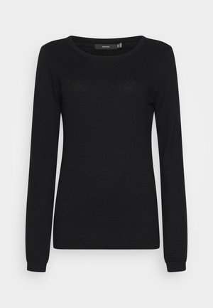 Sweater preto de malha de manga longa com decote redondo, padrão texturizado e punhos ajustados. Design simples sem adornos.