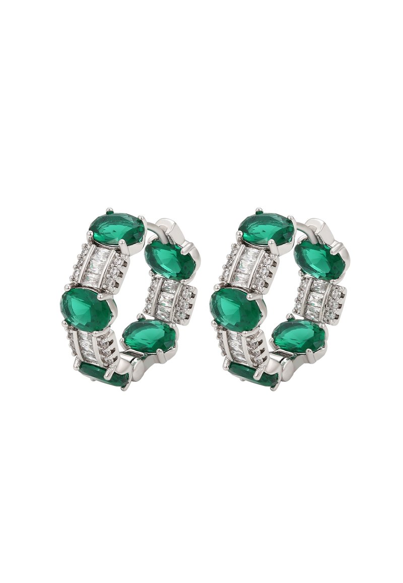 Smaraggrønne faux ædelstene sat i sølvfarvet metal hoops, der har skiftende klare og grønne sten i et sammenkoblet design.