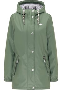 Longue veste imperméable verte avec capuche, cordons blancs, boutons-pression, poches zippées et petit logo parapluie blanc sur la poitrine.