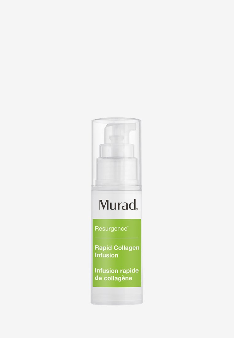 Genomskinlig plastpumpflaska med ett vitt lock och en grön etikett. Texten lyder "Murad Resurgence Rapid Collagen Infusion" med fet stil.