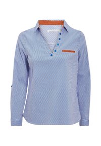 Long-sleeve shirt in blue with a geometric pattern. Features a v-neck, brown accent on the collar, and blue buttons on the placket.