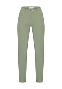 Slim-fit dames lichtgroene broek met voorzakken, riemlussen en een knoopsluiting, maat 36 weergegeven op een witte achtergrond.