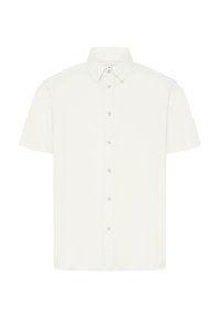 Camisa de manga corta en color crema claro, con cuello clásico y una parte delantera abotonada con ligeros acentos en los botones, textura suave en toda su superficie.