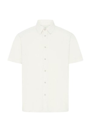 Kurzärmliges Hemd in hellem Creme, mit klassischem Kragen und Knopfleiste vorne, verziert mit dezenten Knopfakzenten und einer durchgehend glatten Textur.