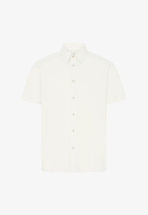 Short-sleeve shirt in light cream, featuring a classic collar and button-down front with light button accents, smooth texture throughout.