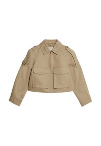 Beige cropped jas met een gestructureerde kraag, twee voorzakken, schouderaccenten en ritssluiting, gemaakt van een soepele stof.