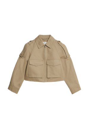 Beige cropped jacket with a structured collar, two front pockets, shoulder accents, and zip closure, made from a smooth fabric.
