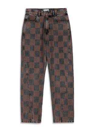 Pantaloni da uomo a taglio dritto con motivo a quadri marrone e grigio scuro e tasche con fessura sul davanti.