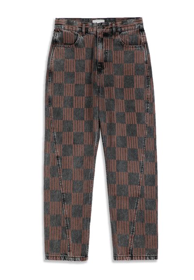 Pantalon droit pour homme à motif à carreaux marron et gris foncé avec poches fendues à l'avant.