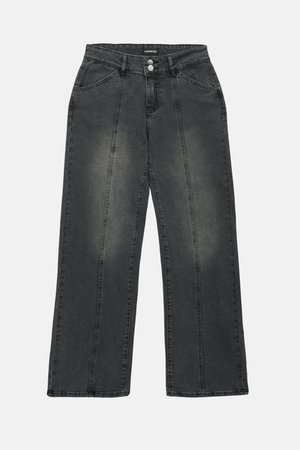 Wide-leg jeans in dark gray denim, featuring a high waist, dual front pockets, center seams, and subtle fading on the fabric.