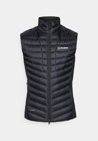 Black insulated vest with horizontal quilting, high neck, full front zipper, and side pockets. Brand logo displayed on the front.