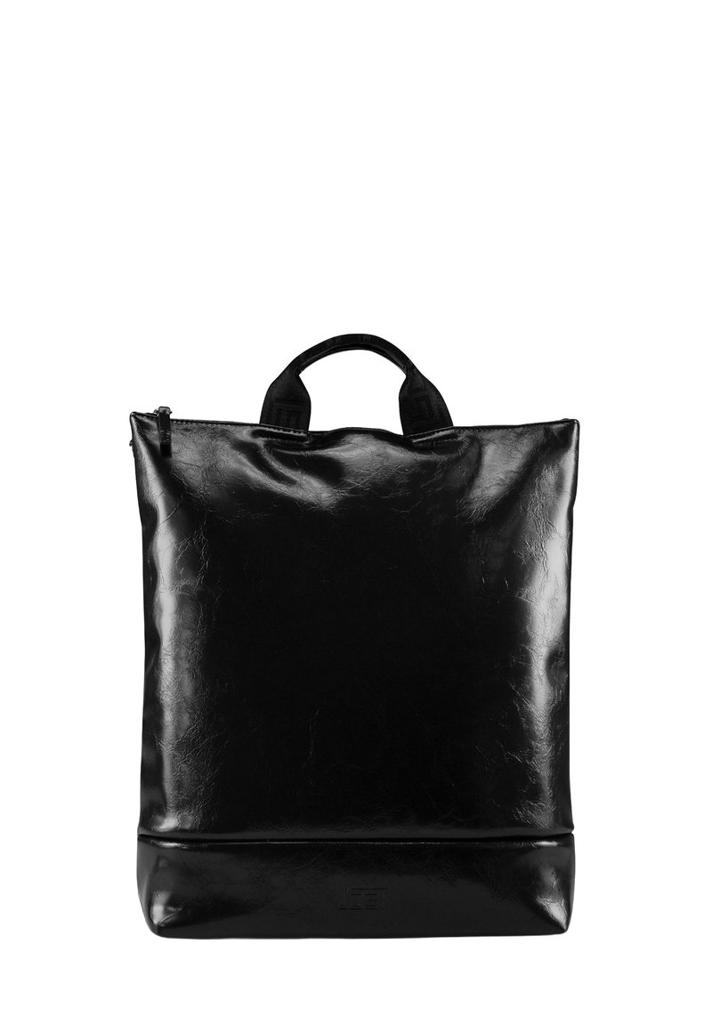 Borsa a tracolla nera realizzata in pelle lucida e testurizzata. Presenta una forma rettangolare, manici corti e una chiusura con zip nella parte superiore.