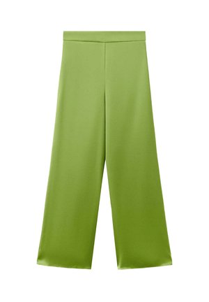 Pantaloni a vita alta e gamba larga in tessuto di raso verde lime brillante con una finitura liscia e lucida e senza chiusure visibili.