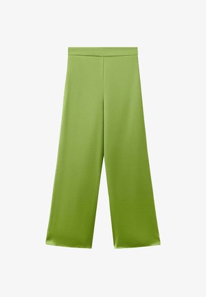 Pantaloni a vita alta e gamba larga in tessuto di raso verde lime brillante con una finitura liscia e lucida e senza chiusure visibili.