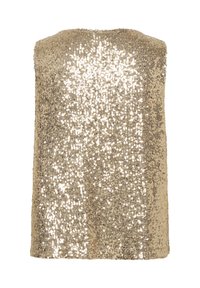 Haut tube doré sans bretelles avec un décolleté droit et couvert densément de sequins scintillants.