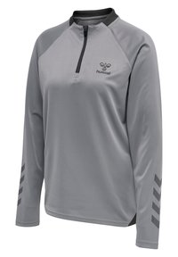 Pullover grigio a maniche lunghe con zip a quarto, colletto nero a contrasto e un motivo testurizzato sottile. Presenta strisce nere sulle maniche.
