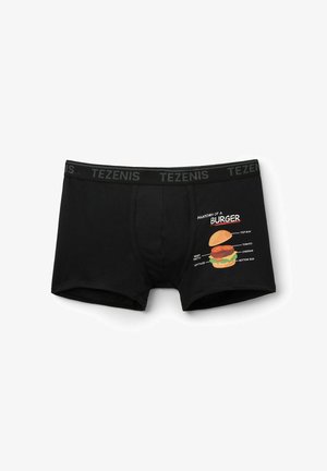 Schwarze Baumwollboxershorts mit einem grafischen Druck eines Burgers und dem Text "ANATOMIE EINES BURGERS", der die Zutaten und Schichten anzeigt.