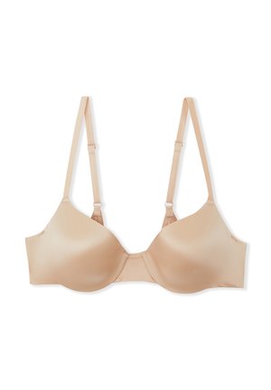 Beige geformter BH mit glatter Textur, verstellbaren Trägern und Haken- und Ösenverschluss am Rücken. Einfaches Design, geeignet für den täglichen Gebrauch.