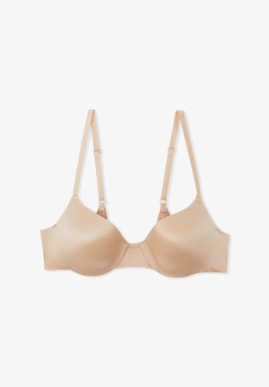 Soutien-gorge moulé beige avec texture lisse, bretelles réglables et fermeture à crochets au dos. Design simple adapté à un usage quotidien.