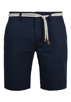 Navy shorts made from cotton, featuring a textured white rope belt with brown leather accents and side pockets.
