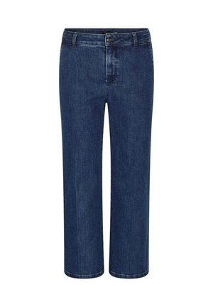Donkerblauwe denim jeans met een rechte pasvorm, voorzien van een knoopsluiting aan de voorkant, riemlussen en een gladde textuur.