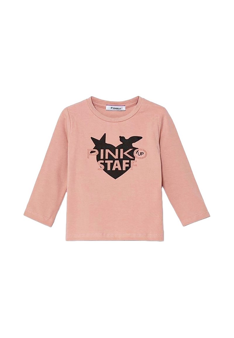 T-shirt a maniche lunghe in morbido tessuto rosa con design grafico nero che presenta stelle e il testo "PINK STAFF" in lettere in grassetto.
