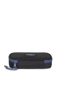 Black zippered pencil case made of durable fabric with a contrasting blue zipper. Rectangular shape with a textured surface and logo detail.