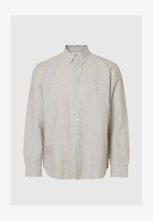 Koszula na długi rękaw zapinana na guziki, z wąskimi pionowymi beżowymi i białymi paskami, klasyczny kołnierzyk i mankiety zapinane na guziki, prezentowana na jednolitym tle.