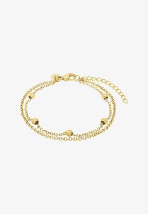 Pulsera de cadena de oro de doble capa con cinco cuentas de oro espaciadas uniformemente y cierre ajustable con broche de langosta.