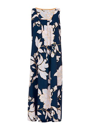 Abito navy con motivo floreale in bianco e rosa chiaro. Presenta una scollatura quadrata, design senza maniche e una silhouette fluida.