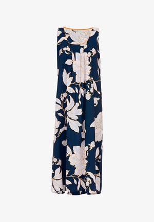 Abito navy con motivo floreale in bianco e rosa chiaro. Presenta una scollatura quadrata, design senza maniche e una silhouette fluida.