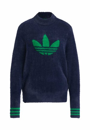 Marineblaues, flauschiges Sweatshirt mit grünem Trefoil-Logo, grünen Bündchenstreifen und hohem Kragen. Weiche Textur und legere Passform.