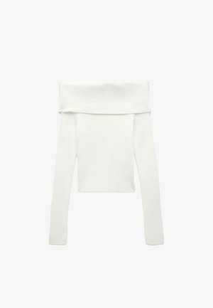 Off-the-shoulder witte gebreide trui met lange mouwen, geribbeld textuur en een aansluitend ontwerp. Geaccentueerd met een brede, gevouwen kraag.