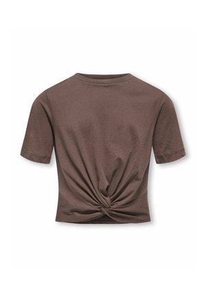 Brown short-sleeve cropped t-shirt with a twisted knot detail at the front hem, displayed on a white background.