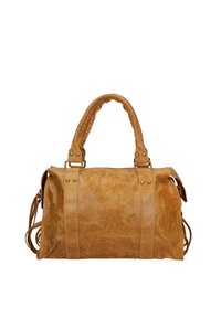 Borsa a tracolla in pelle marrone con superficie texturizzata, manici superiori doppi, tracolla removibile e dettagli in metallo.