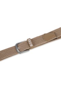 Braided beige belt made of woven fabric with a silver metal buckle. Features a leather accent with the text "BOSS" in white.