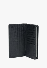 Black leather wallet featuring multiple card slots, a zippered compartment, and a textured finish. Compact and functional design.
