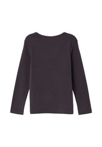 Dunkelgraues langärmliges geripptes Shirt mit Rundhalsausschnitt und einem dezenten gewellten Saum am Kragen, von hinten gezeigt.