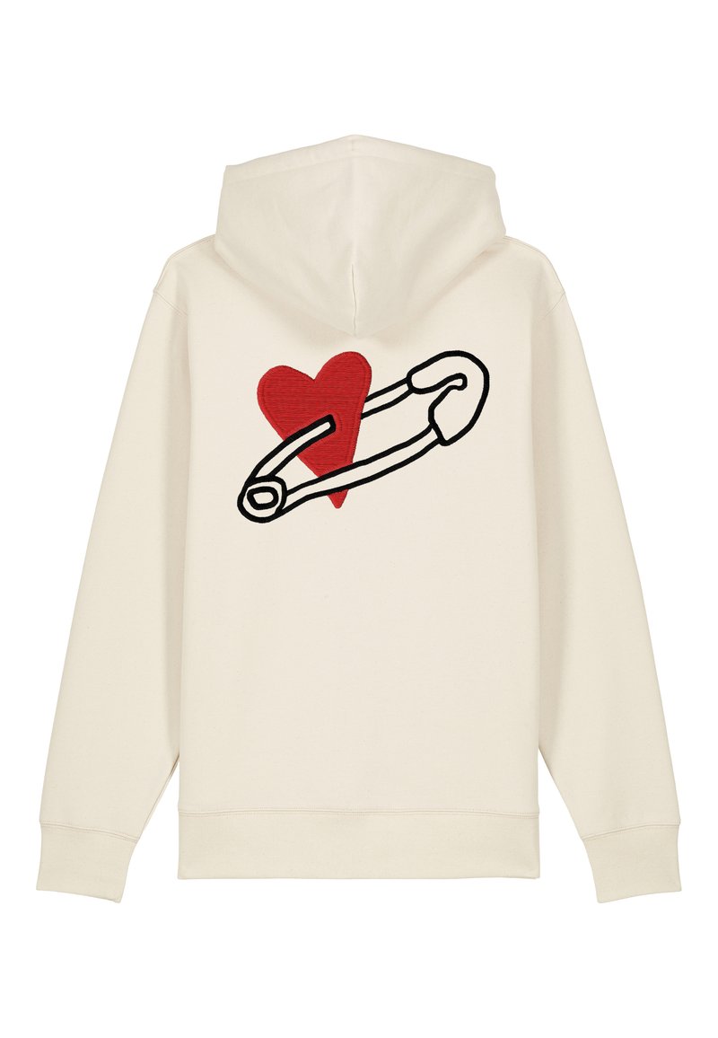 Felpa crema con un grande cuore rosso e un contorno nero di una graffetta, con una texture morbida e una vestibilità comoda.