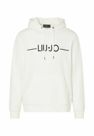 Weißes Kapuzen-Sweatshirt mit Fronttasche und schwarzem "LIU JO" Schriftzug und Linien quer über die Brust, mit Kordelzug an der Kapuze.