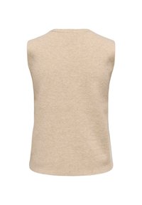 Top beige senza maniche. Tessuto liscio, scollatura rotonda e design semplice, senza decorazioni. Nessuna cucitura o motivo visibile.