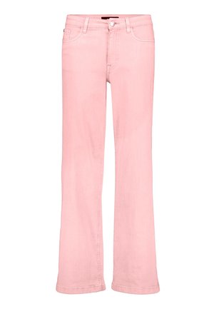 Világos rózsaszín egyenes szárú farmernadrág elülső zsebekkel, övbújtatókkal és gombos derékrésszel.