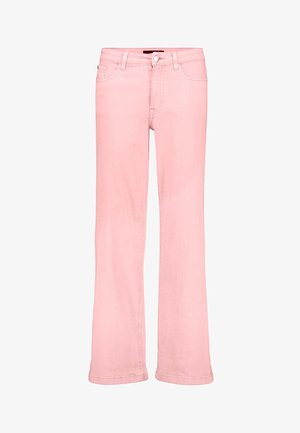 Lichtroze recht gesneden spijkerbroek met voorzakken, riemlussen en een knoopsluiting aan de taille.